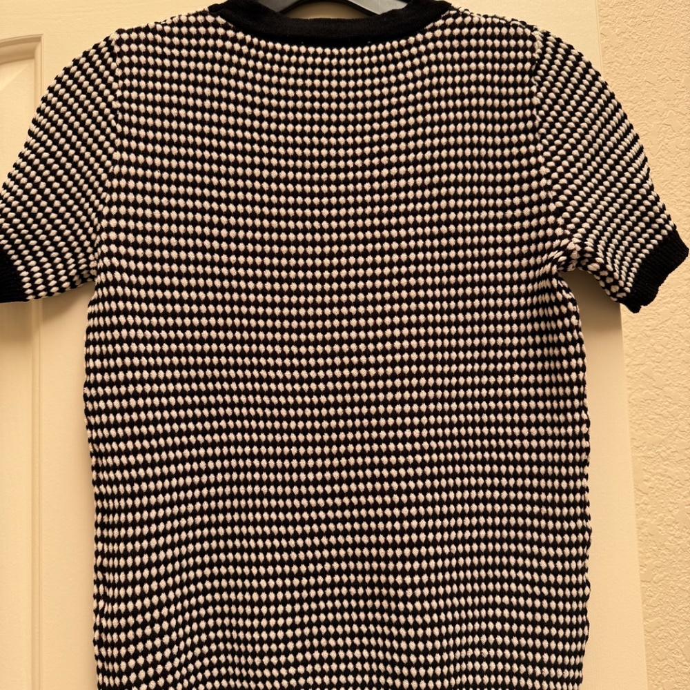 Zara Knit Black & White 'FEEL GOOD' Sweater / Top Crew Neck Ribbed Trims SZ M - Picture 2 of 3